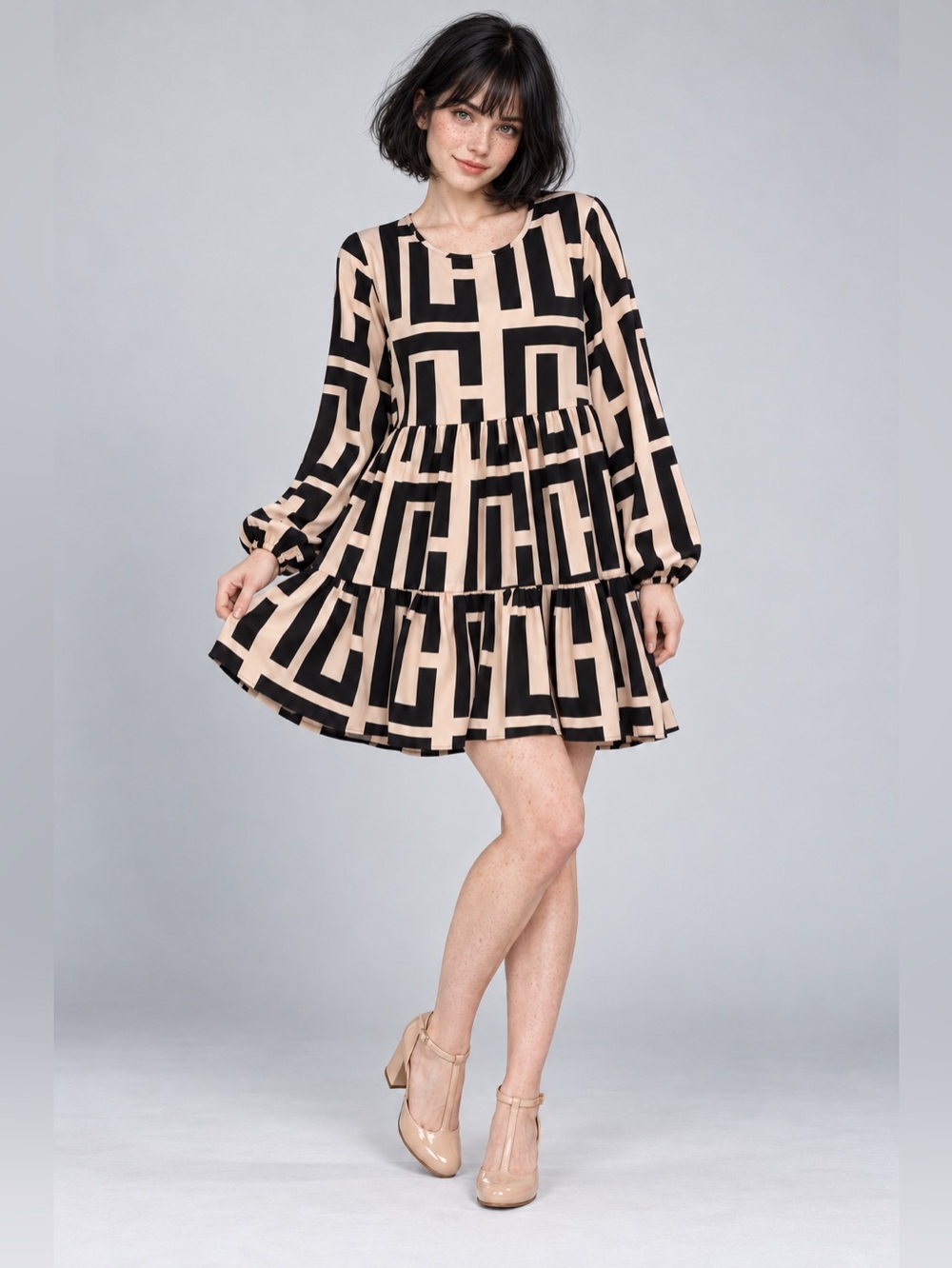 Black Blush Geometric Tiered Mini Dress | Retro Mod